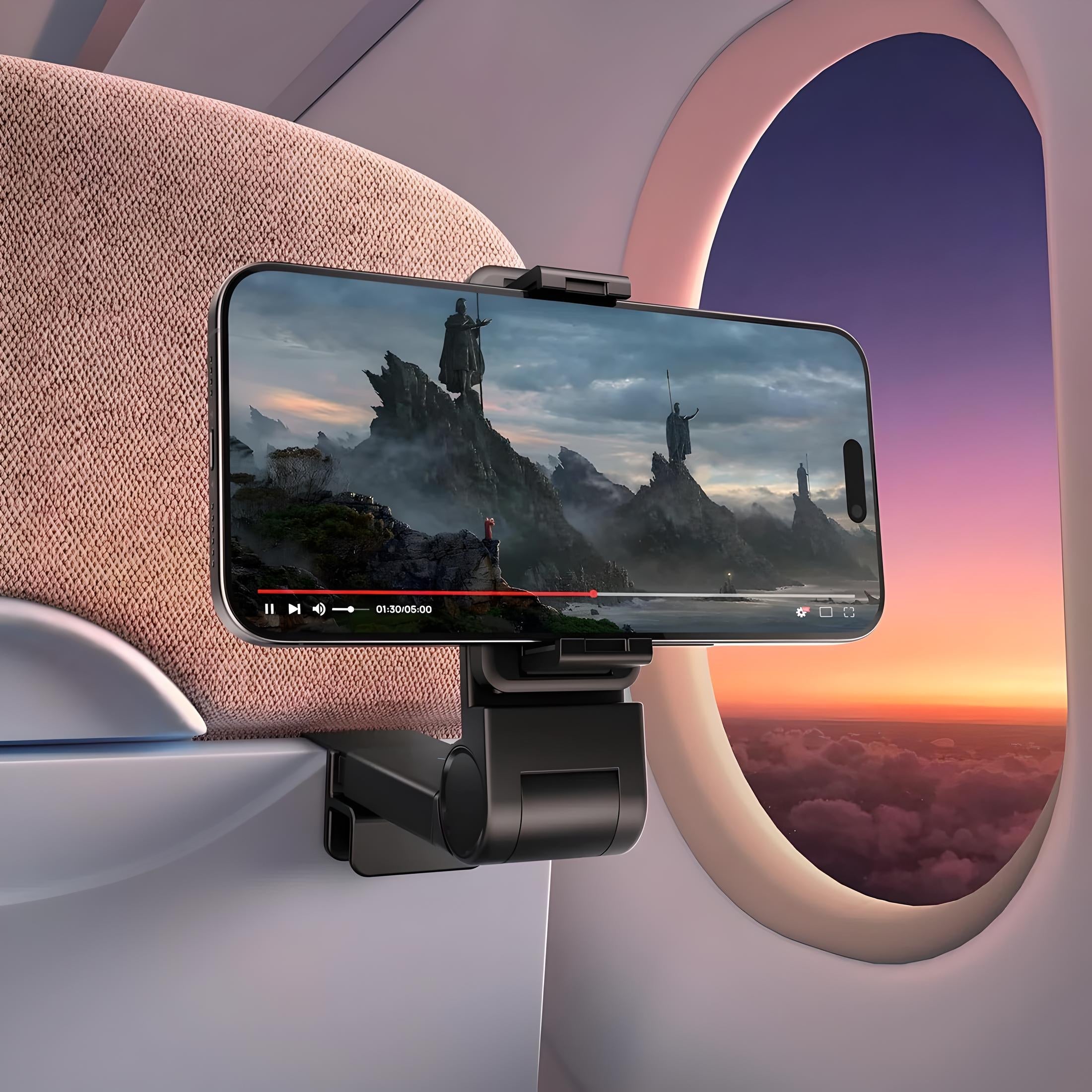 Smartphone holder attached to airplane seat, displaying a movie on a phone screen. Ideal travel accessory for in-flight entertainment.