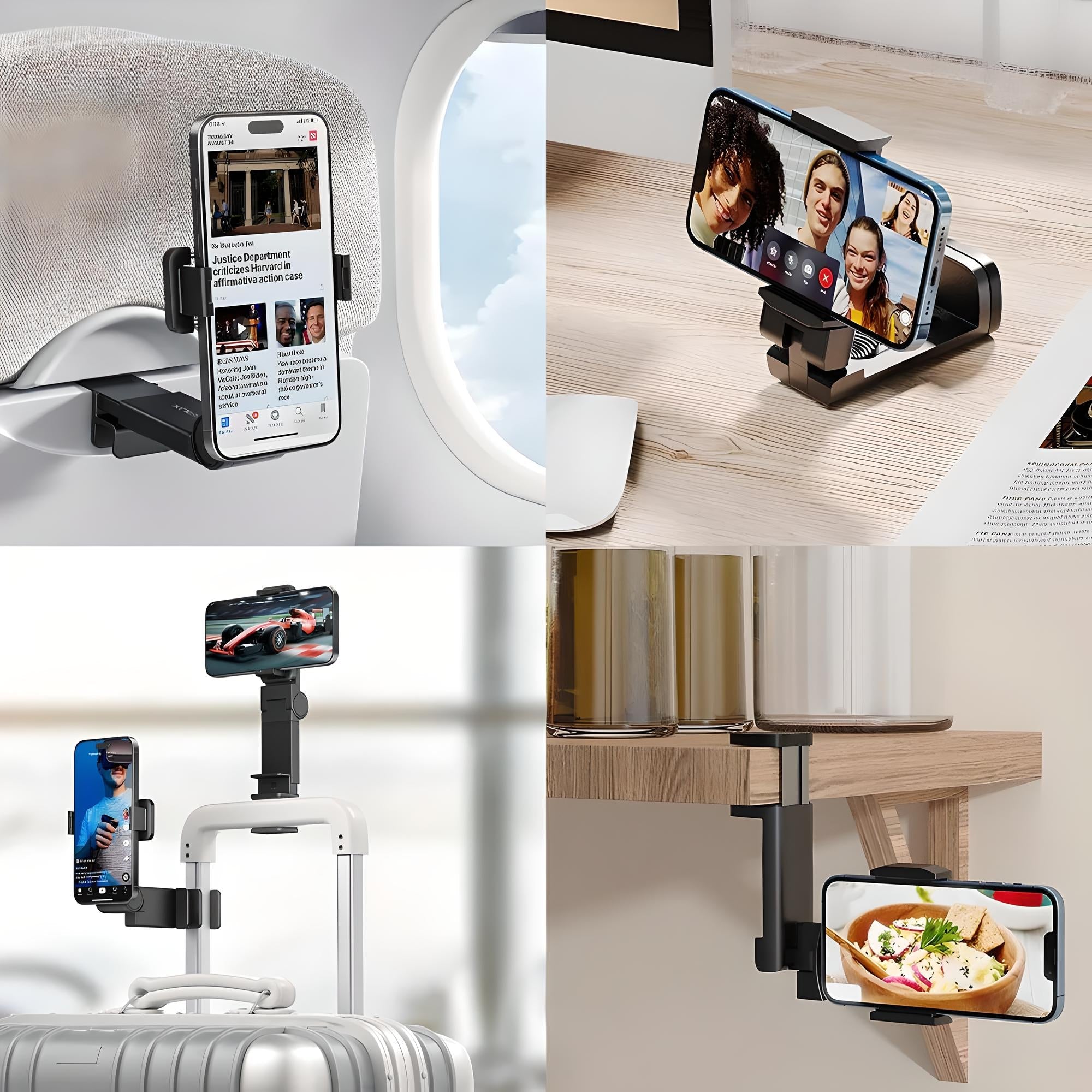 Adjustable phone holder for travel and home use, showcasing versatile mounting on airplane seats, luggage, desks, and kitchen counters.