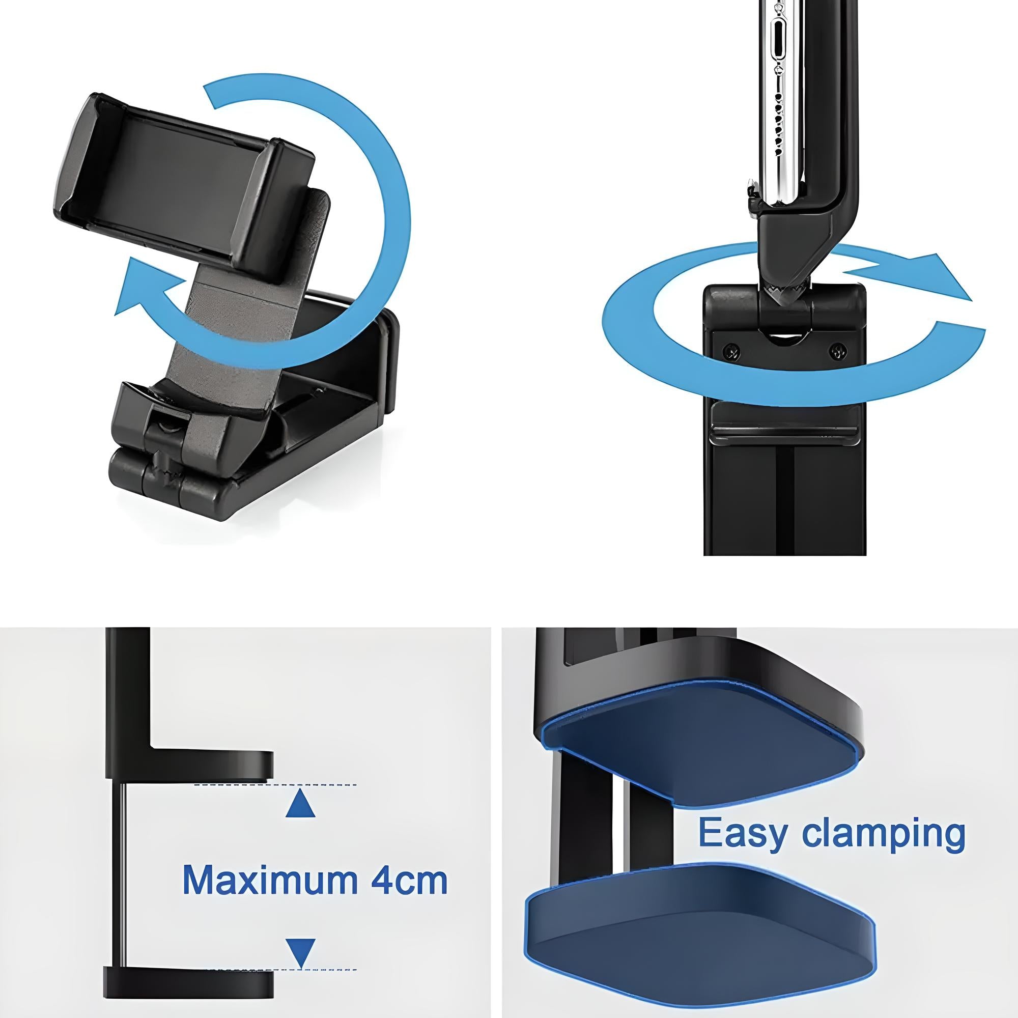 Adjustable phone holder with 360-degree rotation, easy clamping, and 4cm maximum width. Ideal for hands-free use, compatible with various devices.