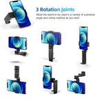 Adjustable smartphone stand with three rotation joints, showcasing various angles and clamp methods for versatile phone positioning and hands-free use.