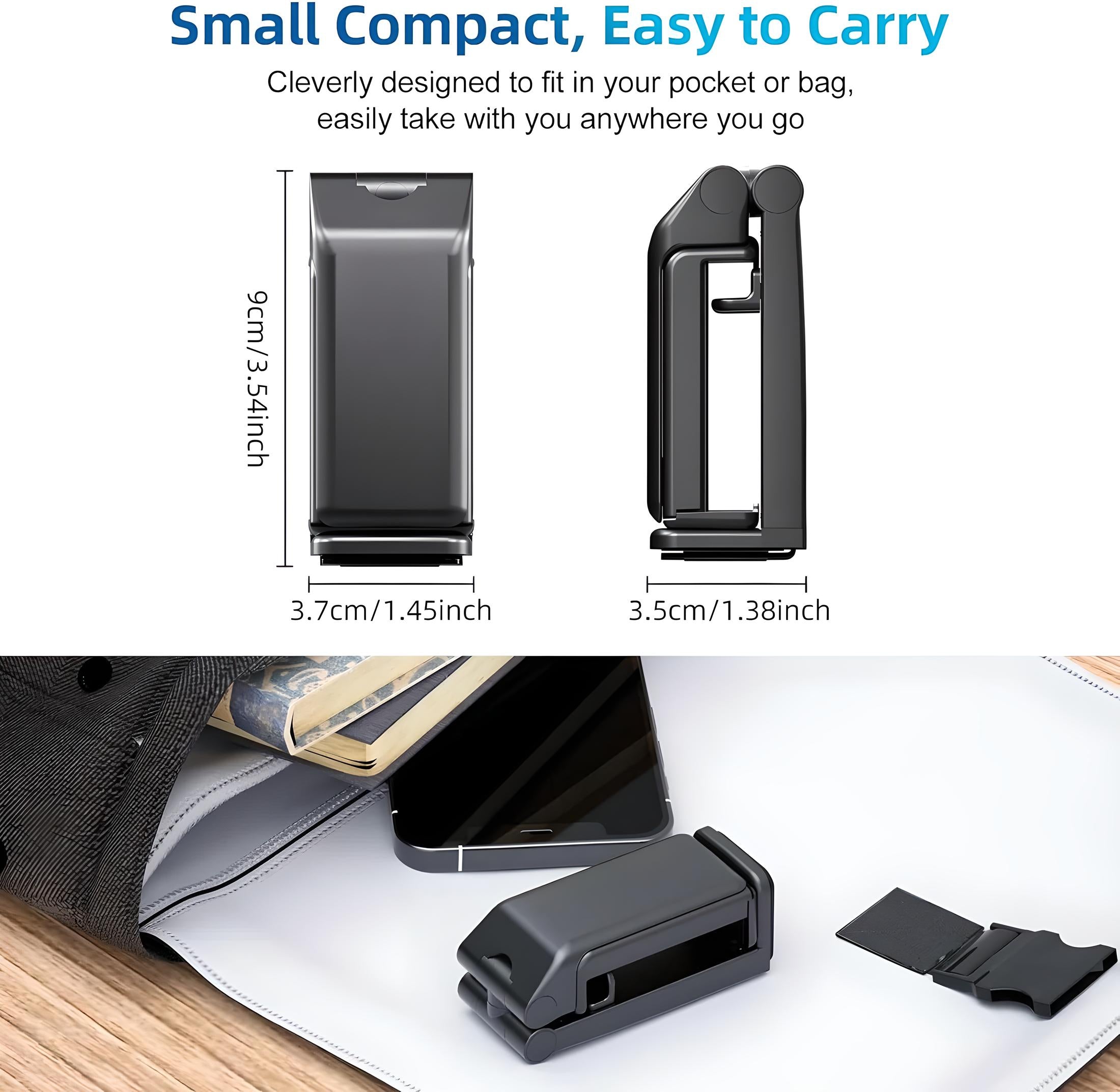 Compact black phone stand, foldable and portable, ideal for travel. Fits in pocket or bag. Dimensions: 9cm x 3.7cm x 3.5cm. Perfect for on-the-go use.