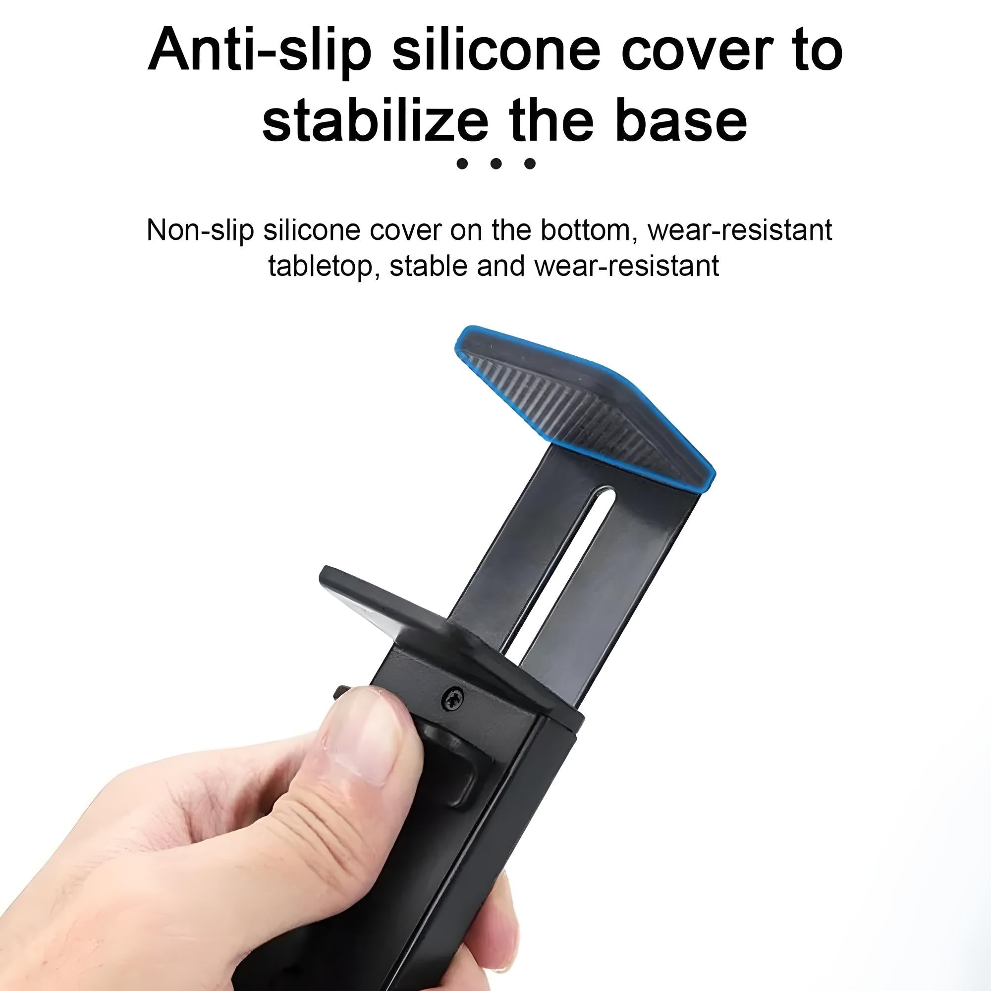 Hand holding a black adjustable phone holder with anti-slip silicone cover, wear-resistant tabletop design, ideal for stable smartphone mounting.