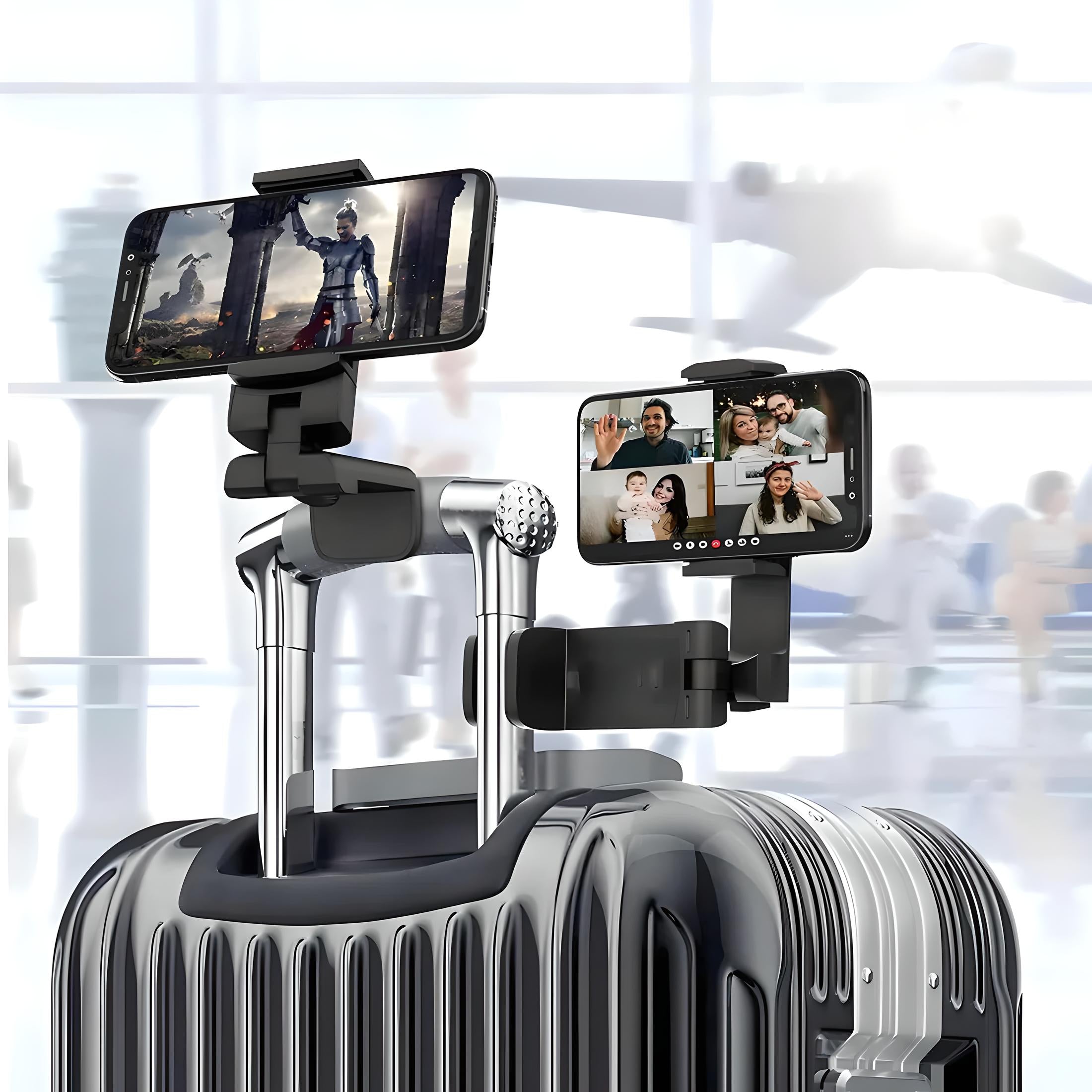 Smartphone holder on sleek silver suitcase at airport, showcasing dual phone mounts for video calls and streaming. Travel gadget, luggage accessory.