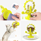 Interactive cat toy with treat dispenser, yellow rotating design, promotes play and mental stimulation. Ideal for engaging and rewarding pets.