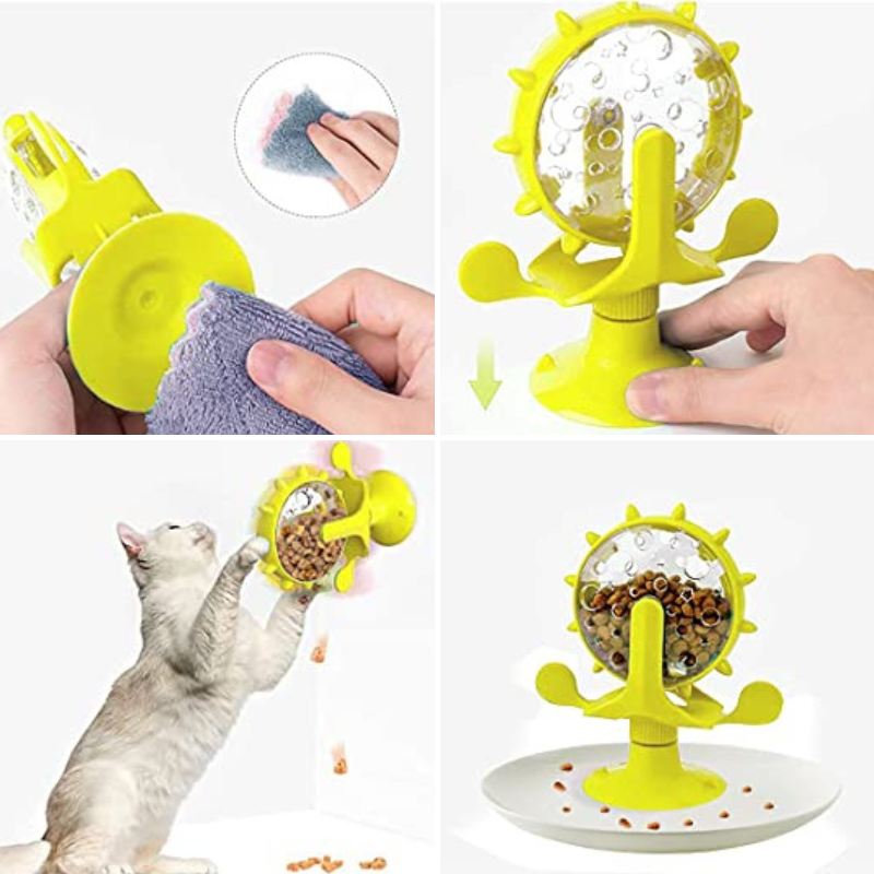 Interactive cat toy with treat dispenser, yellow rotating design, promotes play and mental stimulation. Ideal for engaging and rewarding pets.