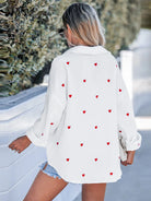 Women's casual white crinkle woven shirt with red embroidered hearts, long sleeves, loose fit, perfect for spring fashion 2023.