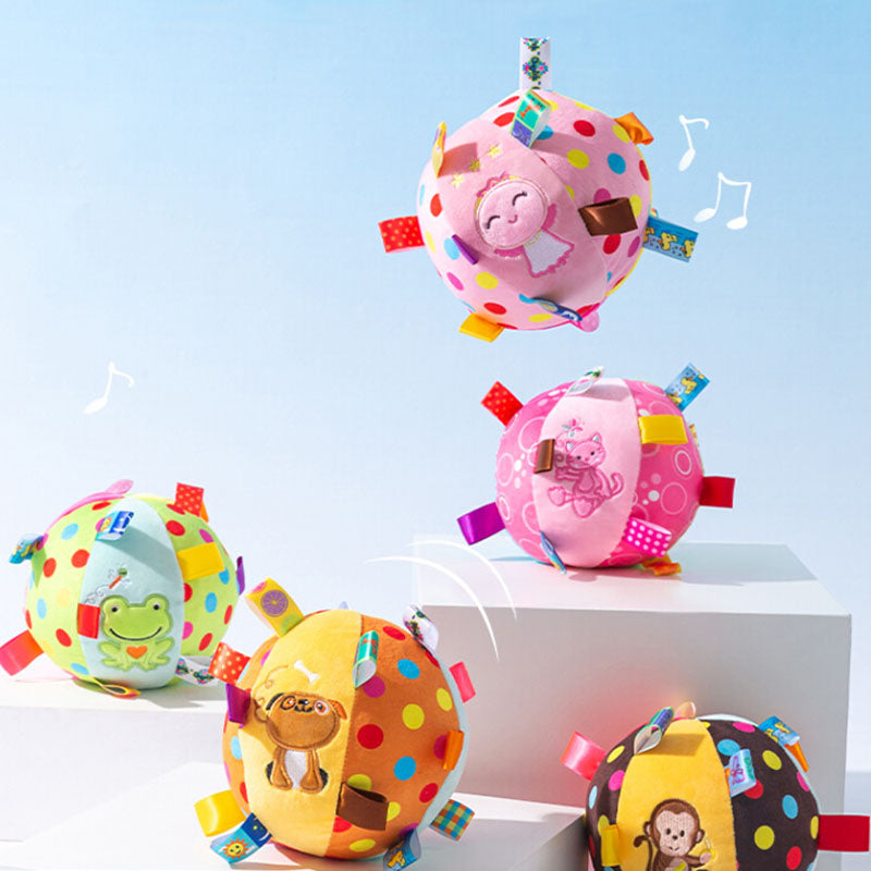 Colorful embroidered squeaky ball pet toys with animal designs, featuring polka dots and tags, perfect for playful pets.