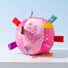 Cute pink embroidered squeaky ball pet toy with colorful tags, featuring a cat design. Ideal for playful pets. Perfect for interactive fun.