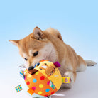 Shiba Inu playing with a colorful, embroidered squeaky ball pet toy. Perfect for dog entertainment, interactive play, and pet enrichment.