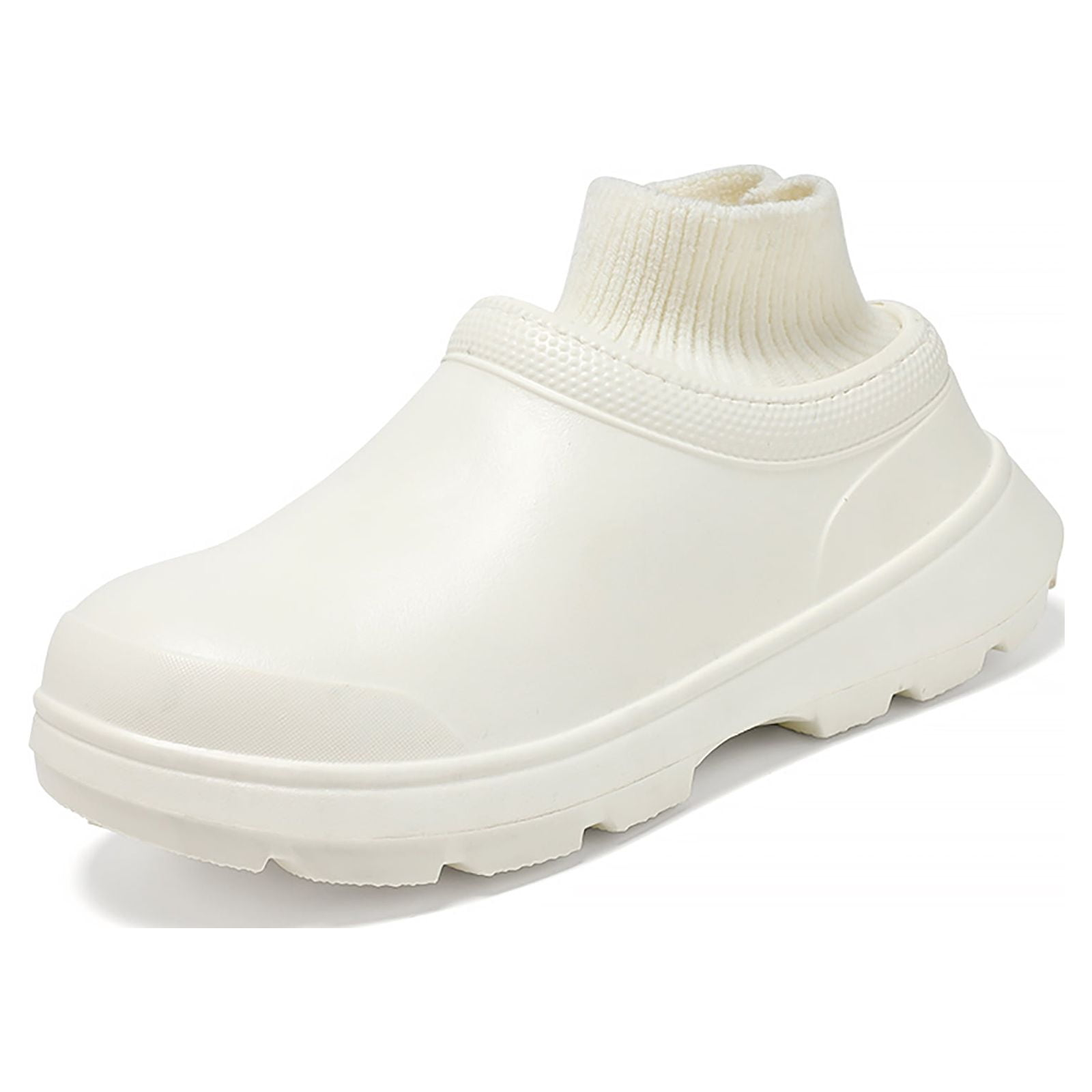 White fur-lined clogs for women, featuring a plush interior, waterproof design, and non-slip sole. Ideal for indoor and outdoor use. Winter footwear.