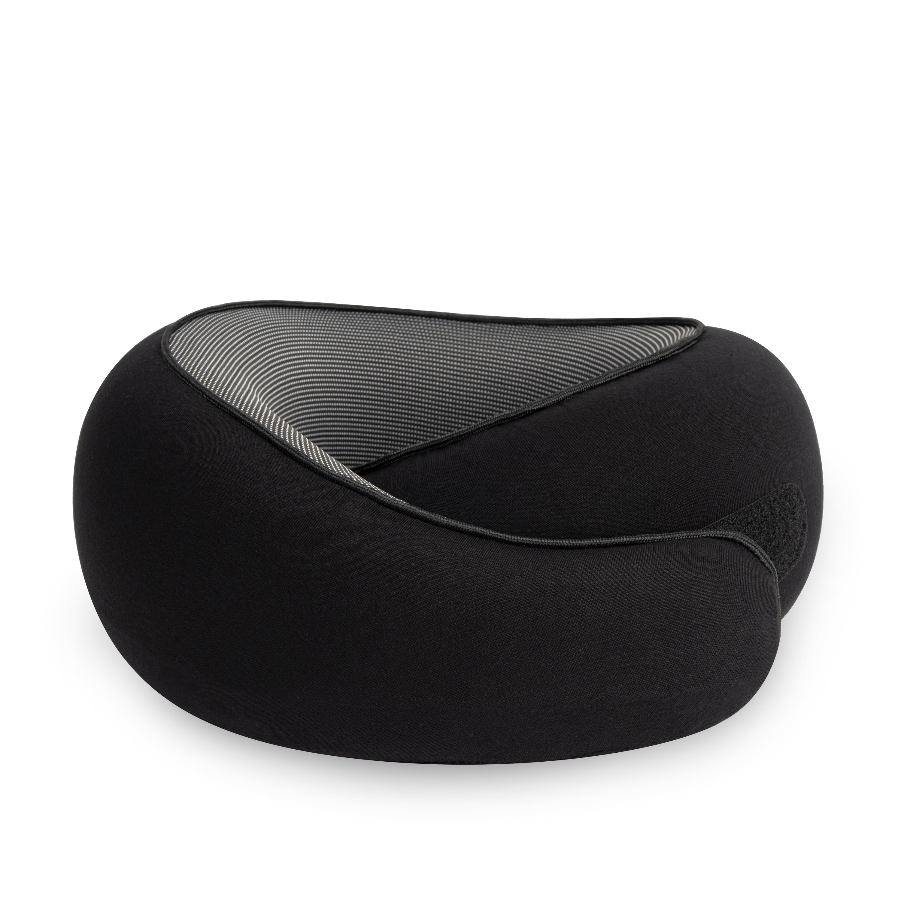 Black ergonomic travel neck pillow with memory foam, featuring a breathable mesh panel for comfort and support. Ideal for long flights and car journeys.