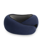 Ergonomic travel neck pillow in dark blue with black mesh panel, designed for comfort and support. Ideal for flights and long journeys.