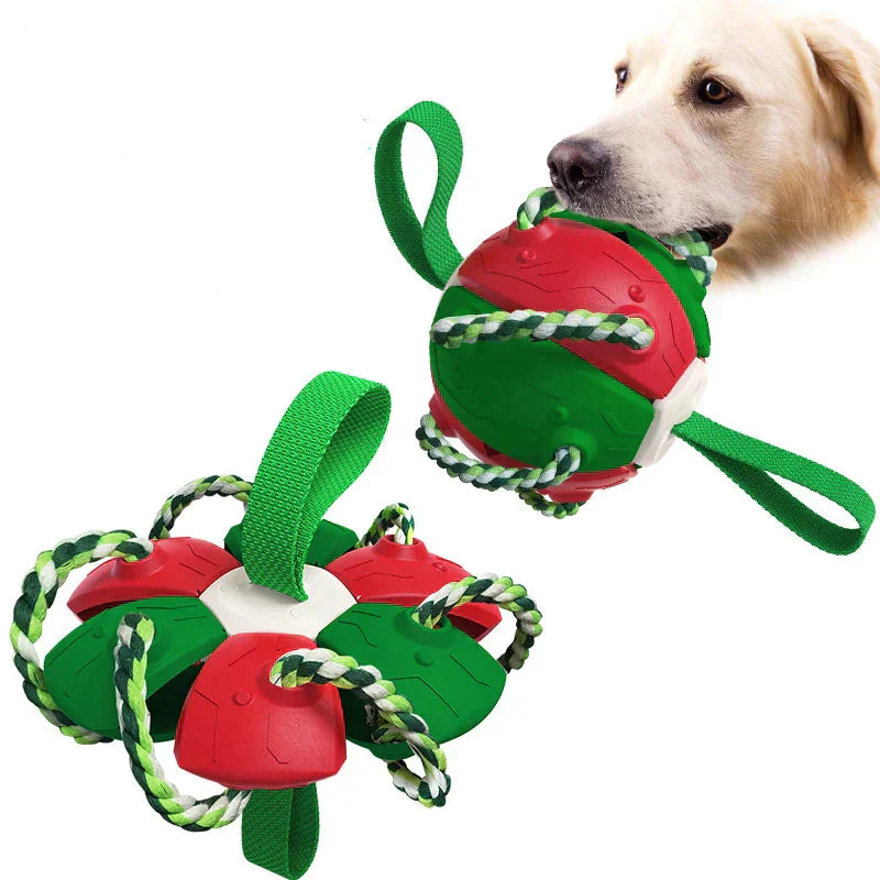 Dog chew toy with red and green rubber ball, durable rope handles, and interactive design for aggressive chewers. Perfect for pet play and dental health.