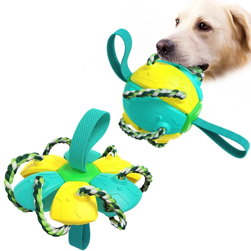 Durable dog chew toy with green and yellow rubber ball, rope handles, and interactive design for aggressive chewers. Perfect for pet playtime.