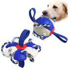 Durable dog toy with blue and white rope ball, designed for interactive play and chewing, ideal for large breeds. Perfect pet accessory for active dogs.