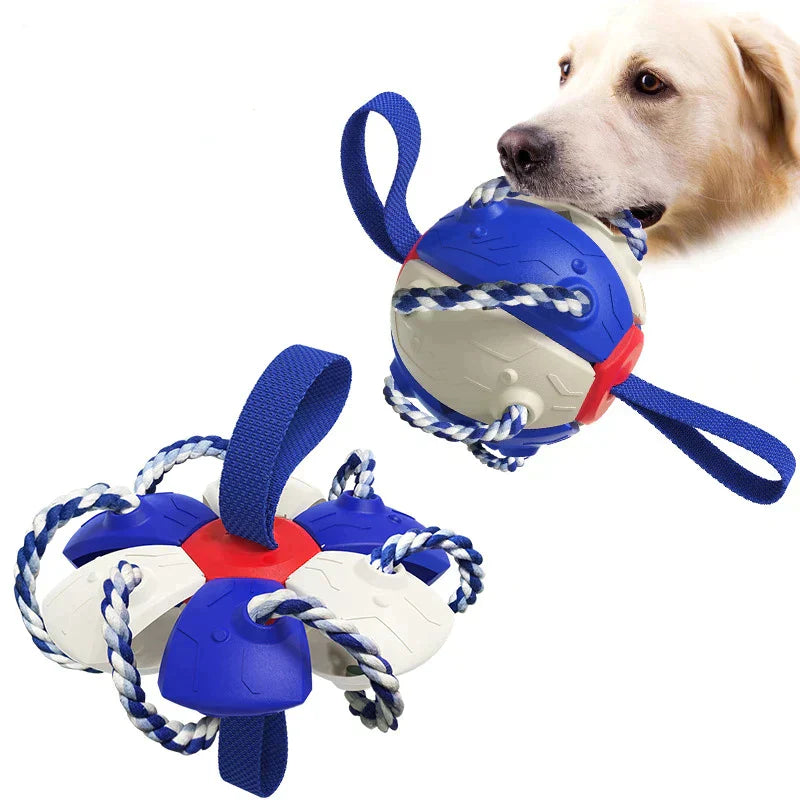 Durable dog toy with blue and white rope ball, designed for interactive play and chewing, ideal for large breeds. Perfect pet accessory for active dogs.