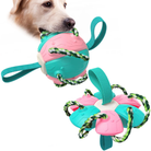 Colorful dog toy ball with durable ropes, designed for interactive play and chewing. Ideal for pet exercise and dental health. Perfect for active dogs.