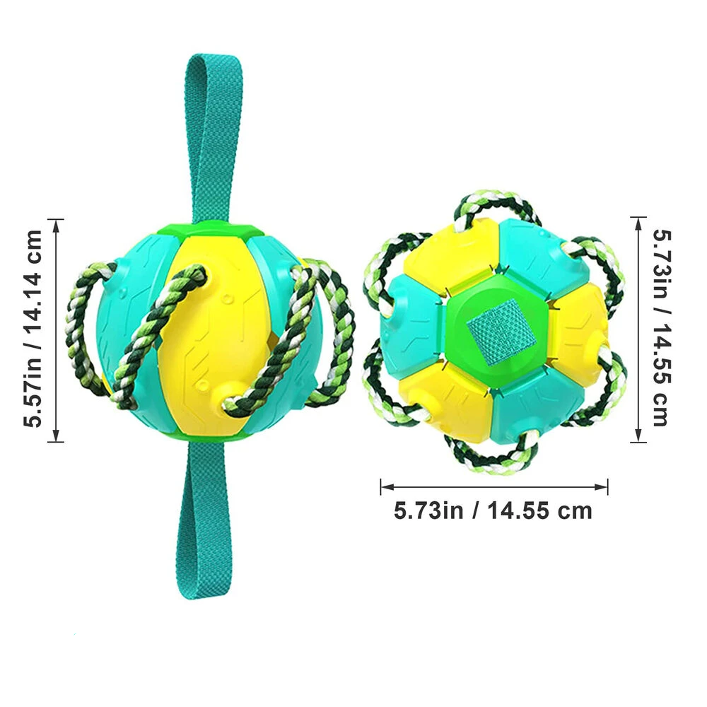 Colorful interactive dog toy ball with rope handles, durable design, 5.73 inches, ideal for chewing and fetching, pet playtime essential.