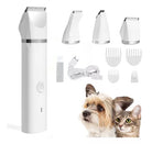 Pet grooming kit with electric trimmer, interchangeable blades, comb attachments, USB charging cable, ideal for dog and cat hair care.