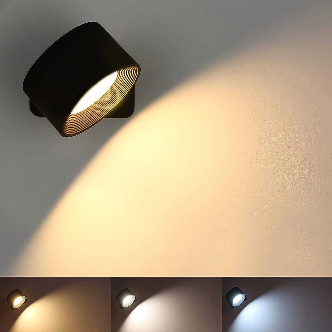 Modern black LED wall light fixture with adjustable warm and cool white lighting options, ideal for contemporary home interior design and energy efficiency.