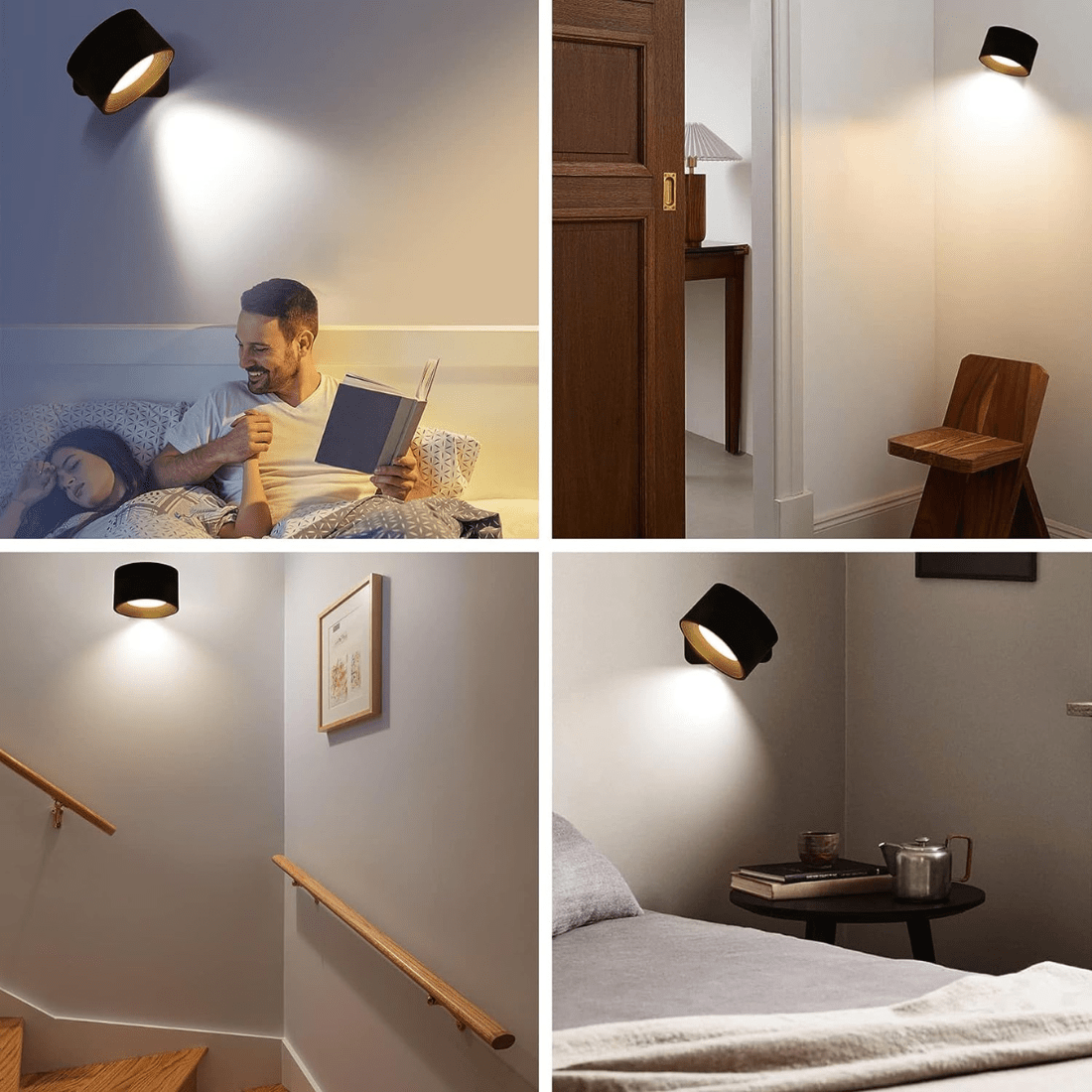 Modern black wall sconce lighting in various home settings, illuminating bedrooms and hallways. Stylish, energy-efficient LED wall light fixture.