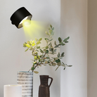 Modern black wall lamp illuminating green plant in stylish ceramic vase, minimalist home decor, contemporary interior design, soft lighting.