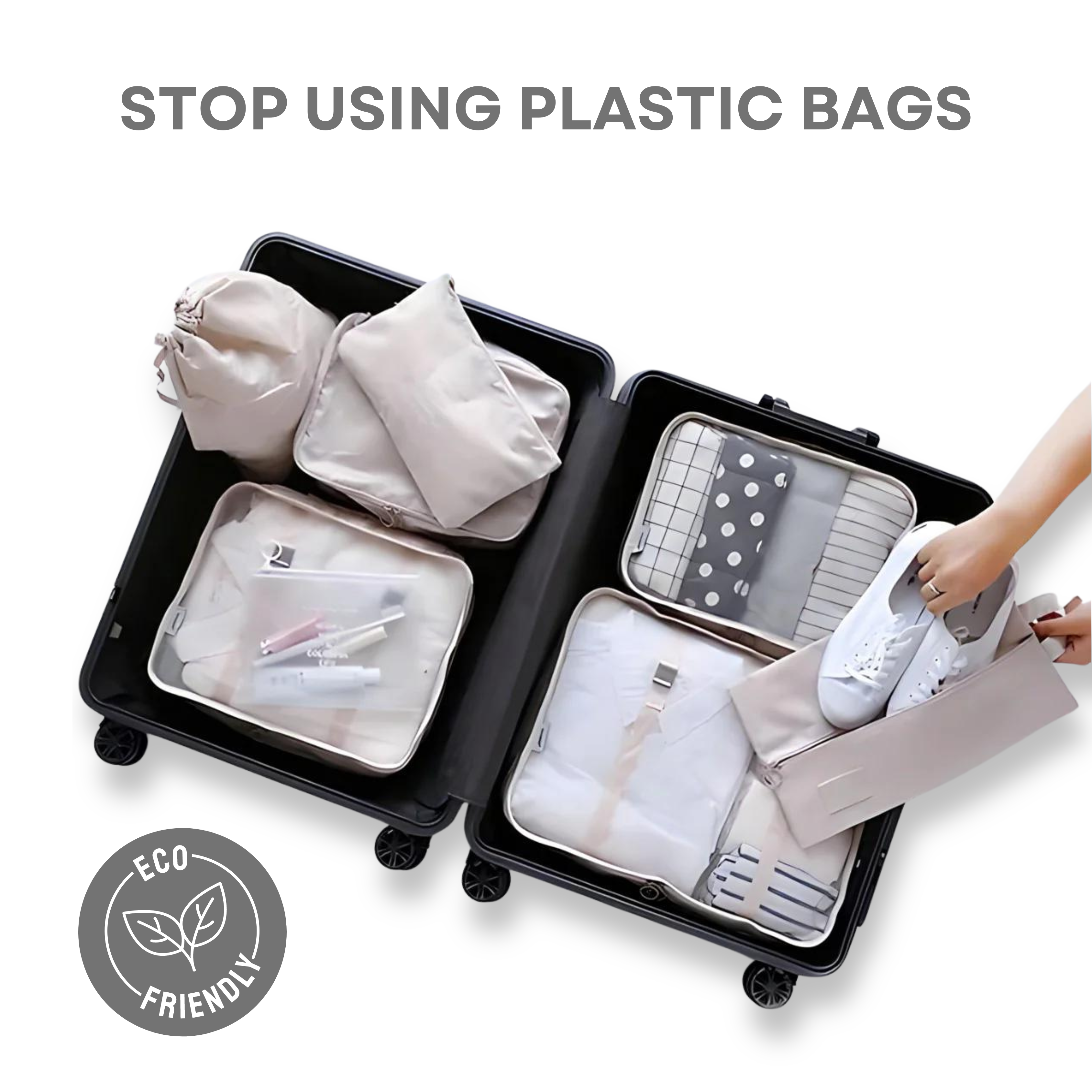 Eco-friendly travel packing cubes in suitcase, promoting sustainable packing solutions. Includes various sizes for organized luggage, reducing plastic use.