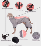 Dog wearing a waterproof, reflective, pink and gray raincoat with adjustable neck, elastic cuffs, and smooth zipper. Ideal for outdoor pet protection.