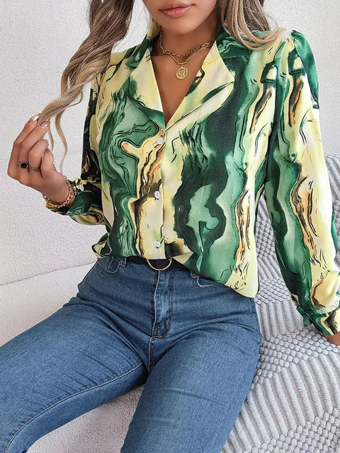 Elegant tie-dye women's shirt with autumn puff long sleeves, featuring a vibrant green and yellow pattern. Perfect for casual and stylish outfits.