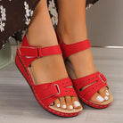 Red open-toe women's sandals with buckle, elegant summer footwear, plus size available, stylish and comfortable design for casual wear.