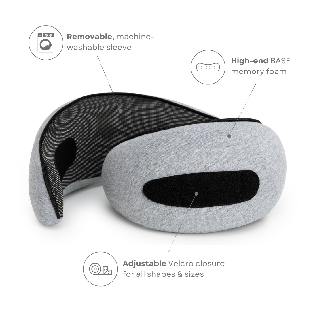 Memory foam travel pillow with removable, machine-washable sleeve and adjustable Velcro closure. High-end BASF memory foam for comfort.