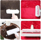 Lint roller removing pet hair from fabric surfaces, white handle, effective cleaning tool.