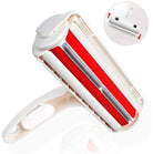 Red and white reusable lint roller for pet hair removal on clothes and furniture.
