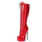 Red patent leather knee-high stiletto boot with platform sole and lace-up front. High heel fashion footwear, bold statement shoe.