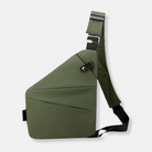 Sleek green crossbody sling bag with adjustable strap, modern geometric design, and secure buckle closure. Ideal for travel and everyday use.