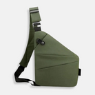 Olive green crossbody sling bag with adjustable strap, modern geometric design, and secure buckle closure. Ideal for travel and daily use.