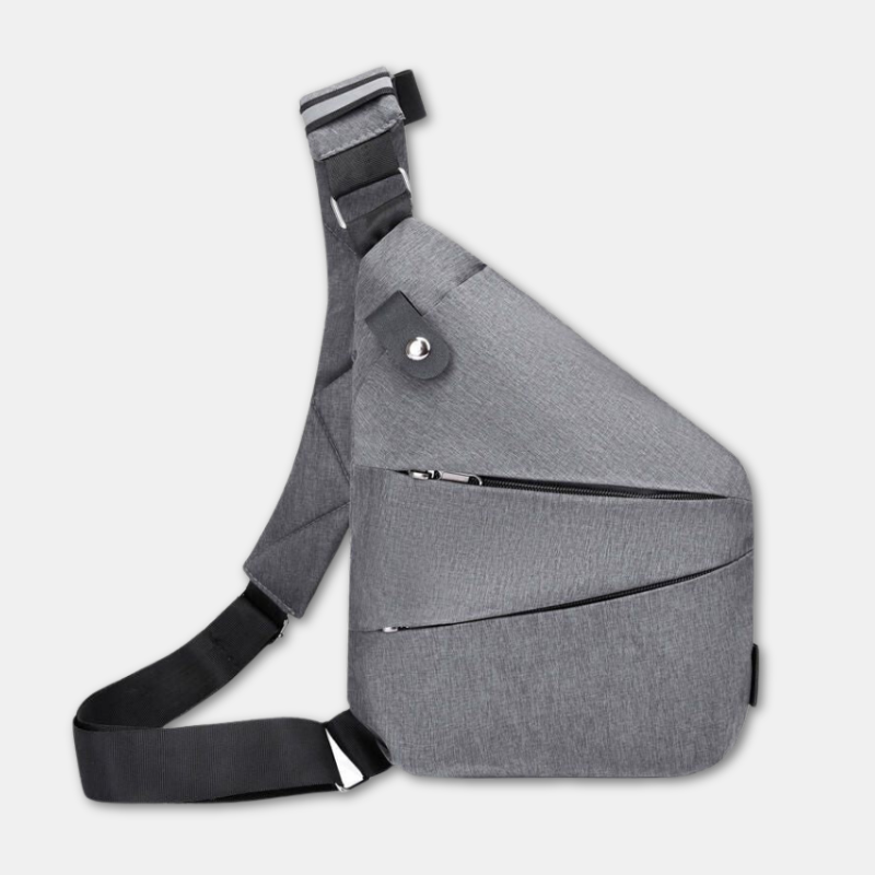 Sleek grey crossbody sling bag with adjustable strap, multiple zippered compartments, and modern design. Ideal for travel and daily use.