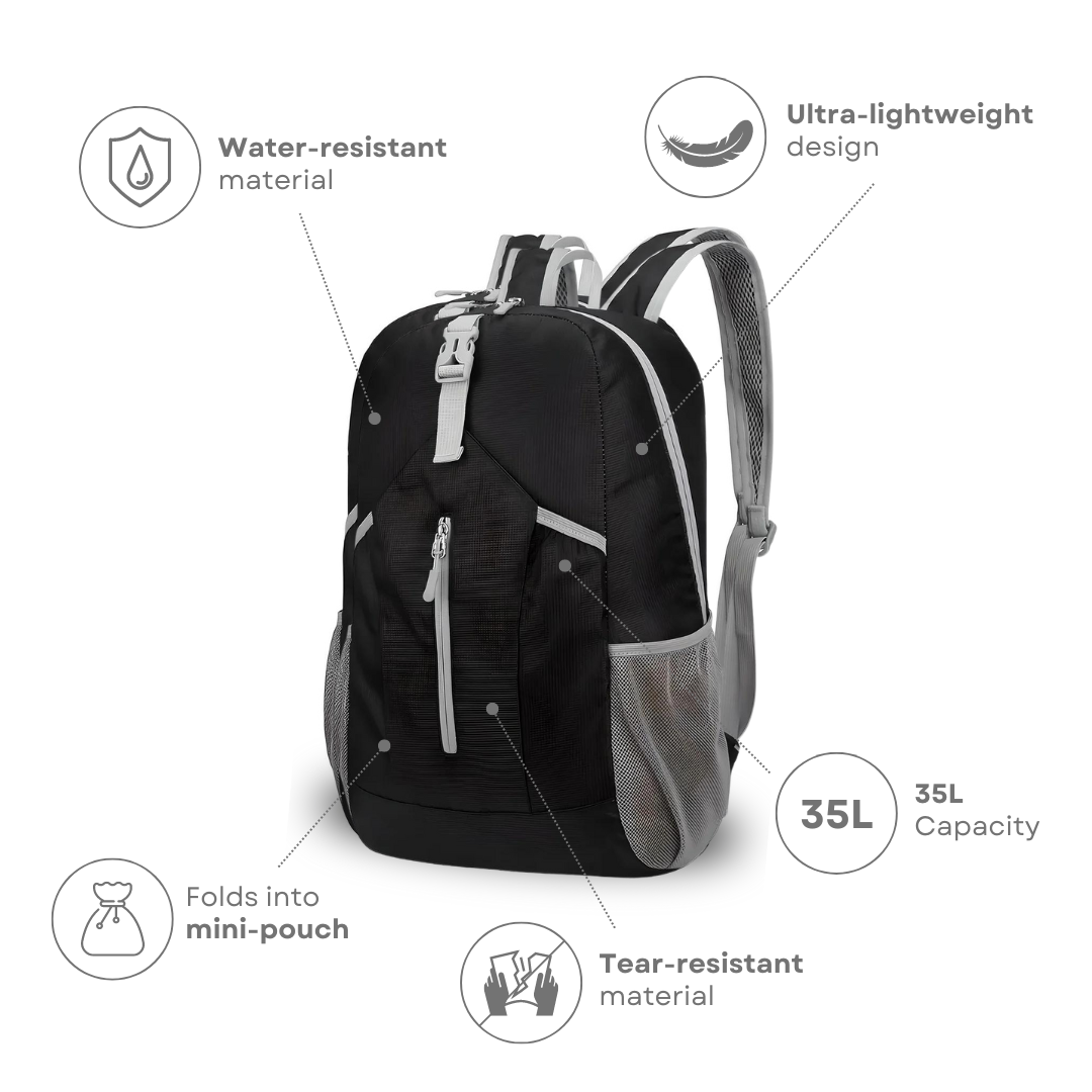 Black 35L backpack with water-resistant, tear-resistant material, ultra-lightweight design, folds into mini-pouch; ideal for travel and hiking.