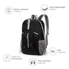 Black 35L backpack with water-resistant, tear-resistant material, ultra-lightweight design, folds into mini-pouch; ideal for travel and hiking.