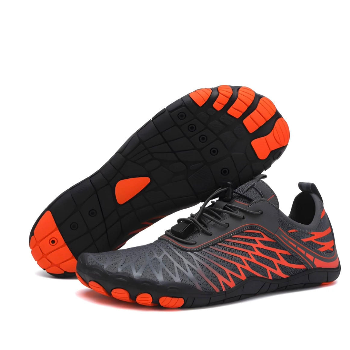 Gray and orange minimalist barefoot running shoes with flexible soles, designed for comfort and performance. Ideal for trail running and fitness.