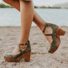 Women's green suede platform heels with ankle straps, wooden block heels, and cross-strap design, perfect for summer fashion and beach outings.