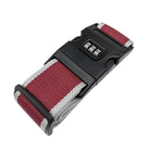 Red and grey luggage strap with combination lock, durable travel accessory for suitcase security, adjustable and heavy-duty design.