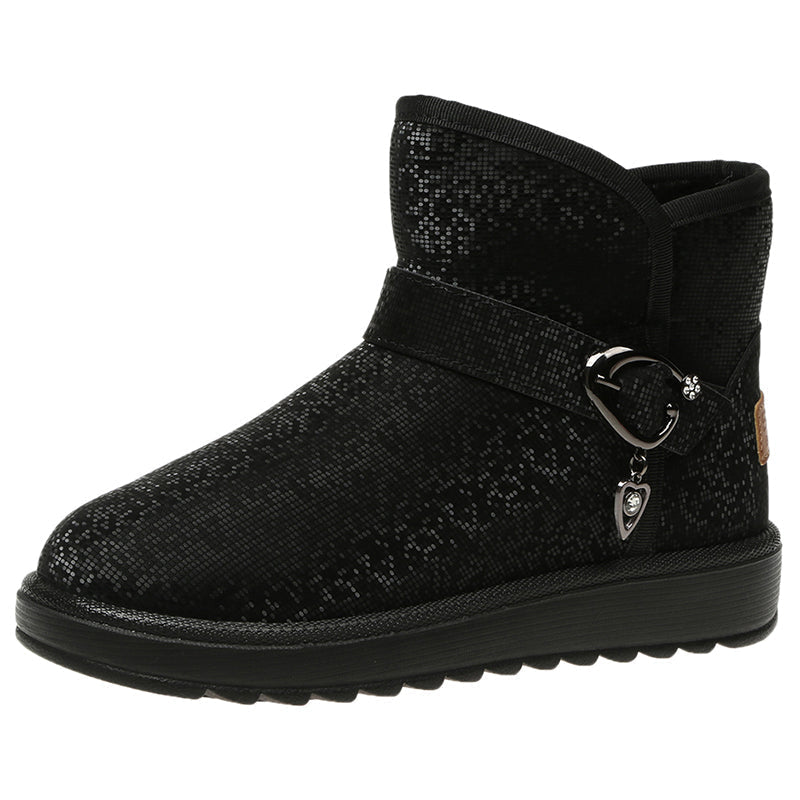 Black women's snow boot with shiny plush texture, waterproof, anti-slip sole, buckle decoration, ideal for winter 2023.