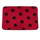 Red quilted pet mat with black paw print design, durable and washable, ideal for dogs and cats.