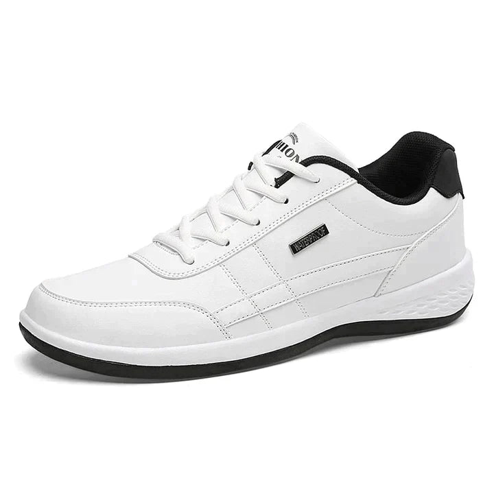 White athletic sneaker with black accents, featuring a sleek design and cushioned sole. Ideal for running, walking, and casual wear. Comfortable and stylish.