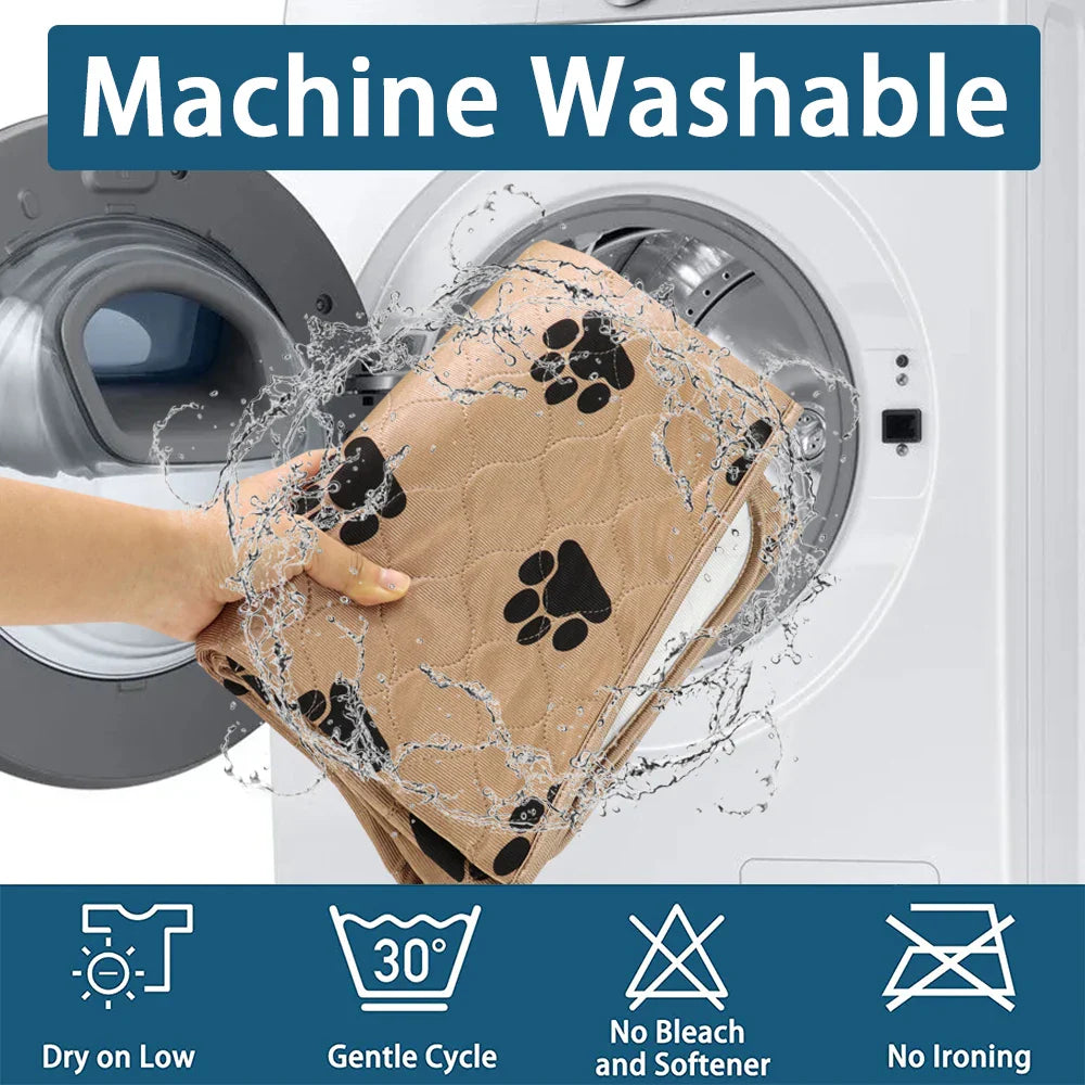 Machine washable pet blanket with paw prints, beige, waterproof, for washing machine use.