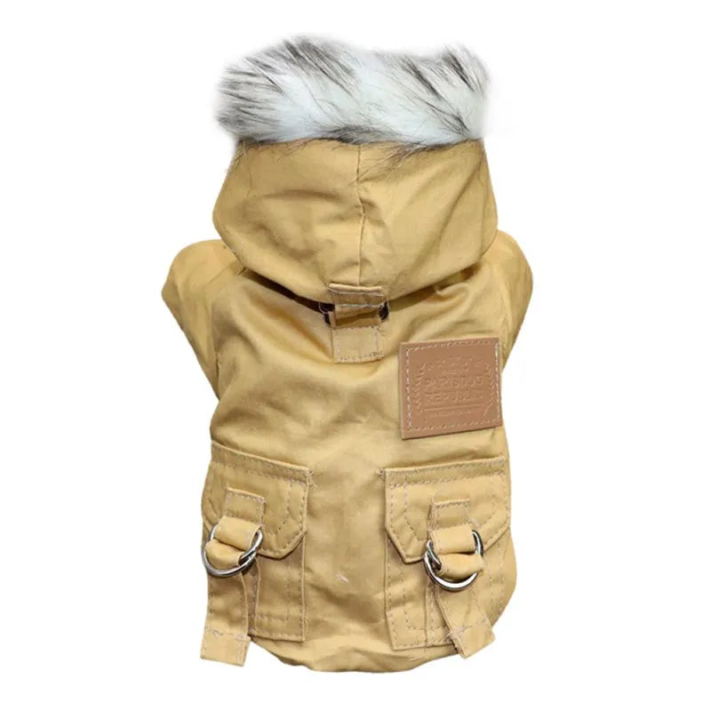 Dog winter coat with faux fur hood, tan color, featuring dual D-ring leash attachments and pocket details. Ideal for small to medium pets.