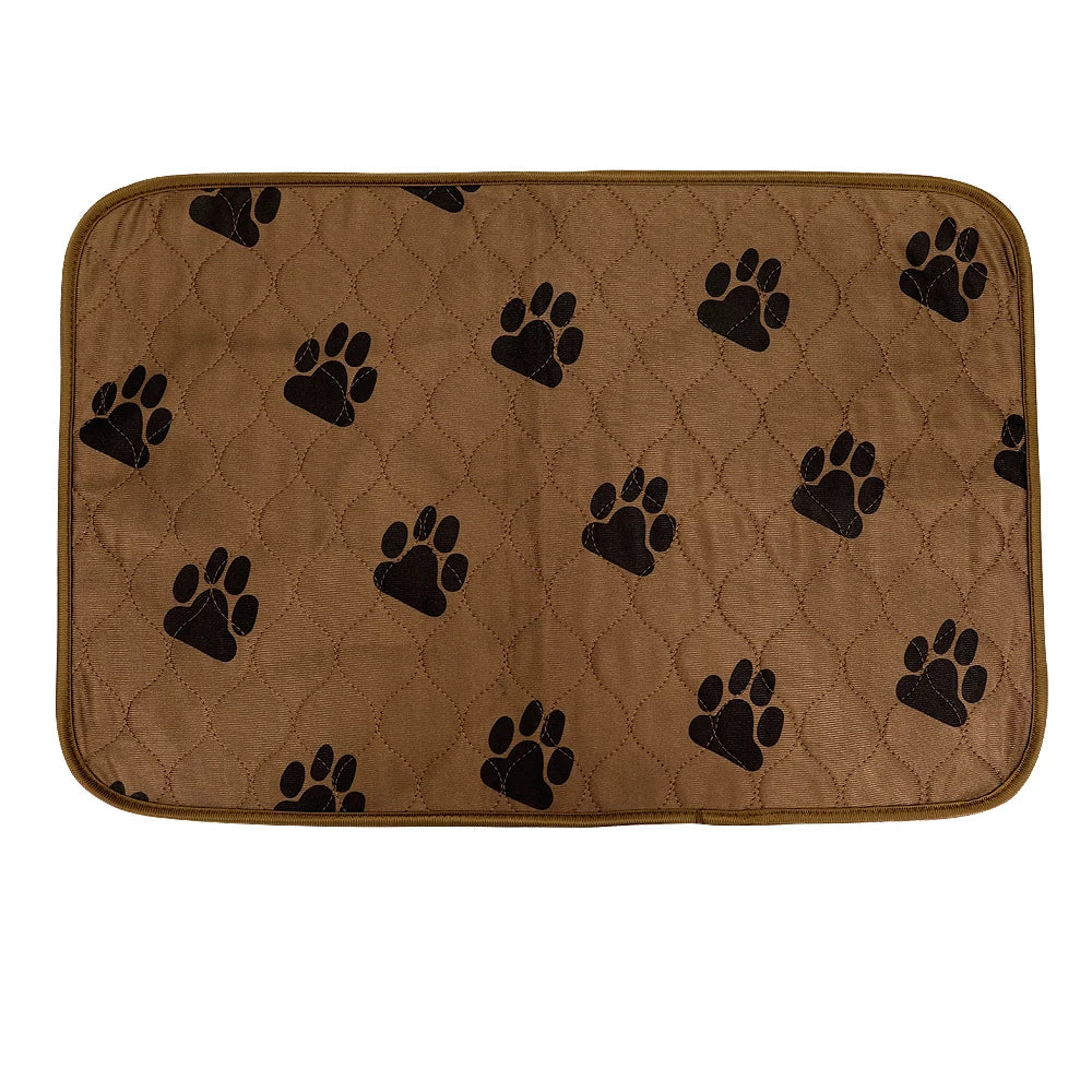 Brown quilted pet mat with black paw prints, durable fabric, non-slip backing, washable.