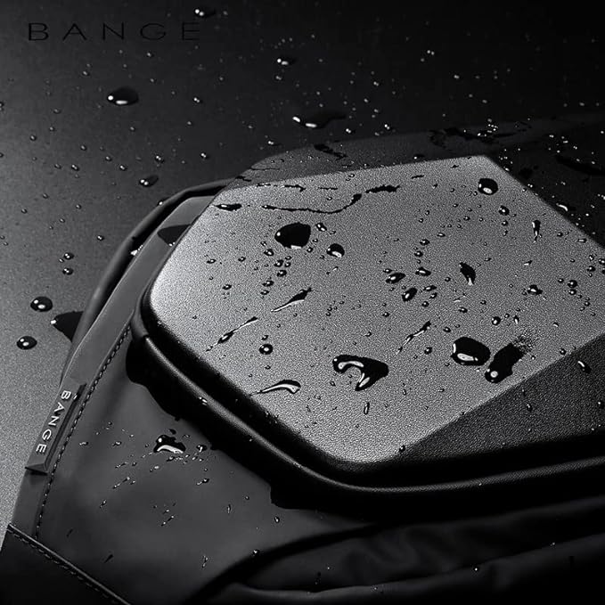 Water-resistant hardshell backpack by Bange, featuring sleek black design with water droplets, ideal for travel and outdoor activities.