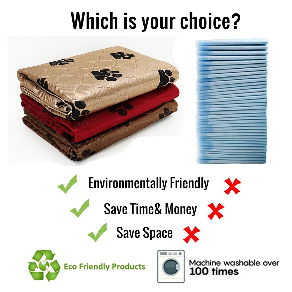 Eco-friendly reusable pet pads, beige with paw prints, machine washable, cost-saving, space-saving.